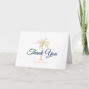 Elegant Navy Blue Gold Palm Tree Wedding Photo Thank You Card