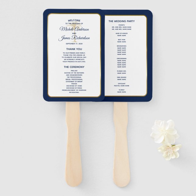 Elegant Navy Blue Gold Palm Tree Wedding Program Hand Fan (Front and Back)