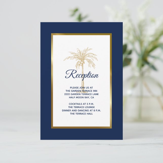 Elegant Navy Blue Gold Palm Tree Wedding Reception Enclosure Card (Standing Front)