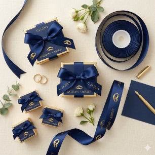 Elegant Navy Blue Gold Personalized Wedding Ribbon Satin Ribbon