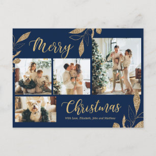Elegant Navy Blue Gold Photo Collage Christmas Postcard