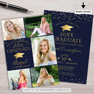Elegant Navy Blue Gold Photo Collage Graduate Invitation