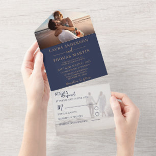 Elegant Navy Blue & Gold Photo Wedding All In One Invitation