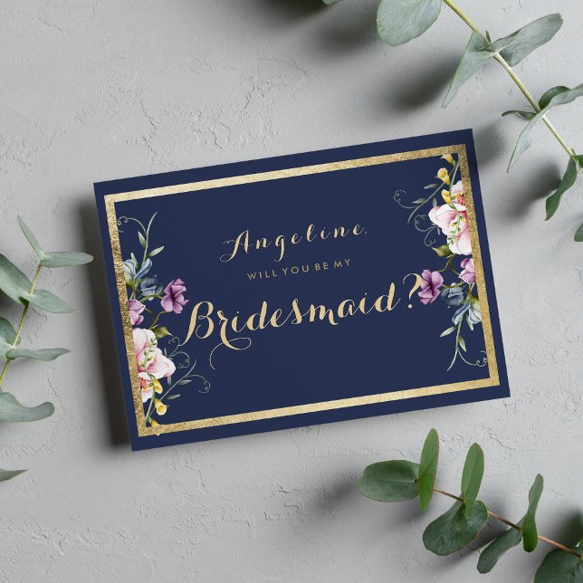Elegant navy blue gold pink floral Bridesmaid Invitation (Elegant navy blue gold pink floral Bridesmaid )