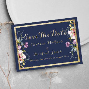 Elegant navy blue gold pink floral Save The Date
