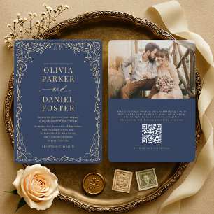 Elegant Navy Blue Gold QR Code Photo Wedding Invitation