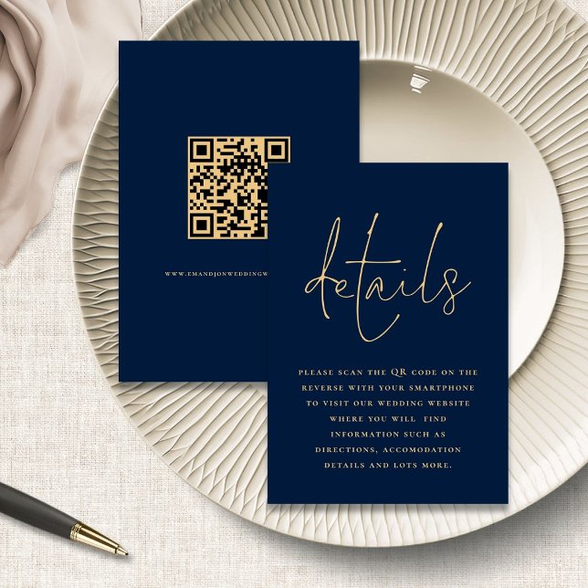 Elegant Navy Blue Gold QR Code Wedding Details Enclosure Card (front and back view)