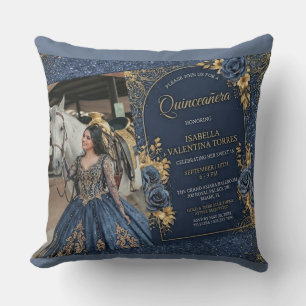 Elegant Navy Blue & Gold Quinceañera Photo Throw Pillow