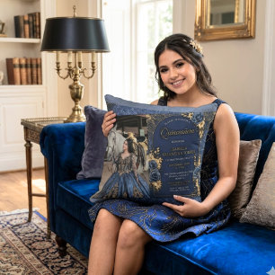 Elegant Navy Blue & Gold Quinceañera Photo Throw Pillow
