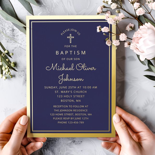 Elegant Navy Blue Gold Religious Cross Baptism  (Elegant Navy Blue Gold Religious Cross Baptism Foil Invitation)