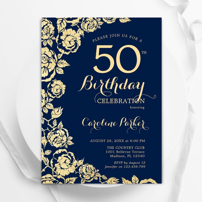 Elegant Navy Blue Gold Roses 50th Birthday Invitation (Creator Uploaded)