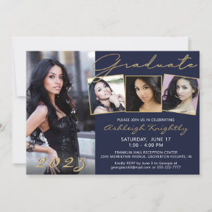 Elegant Navy Blue Gold Script 4 Photo Graduate Invitation