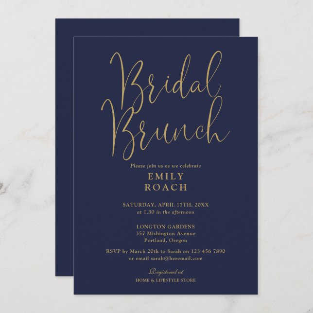 Elegant Navy Blue Gold Script Bridal Bunch Shower Invitation (Front/Back)