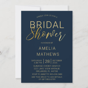 Elegant Navy Blue & Gold Script Bridal Shower  Invitation