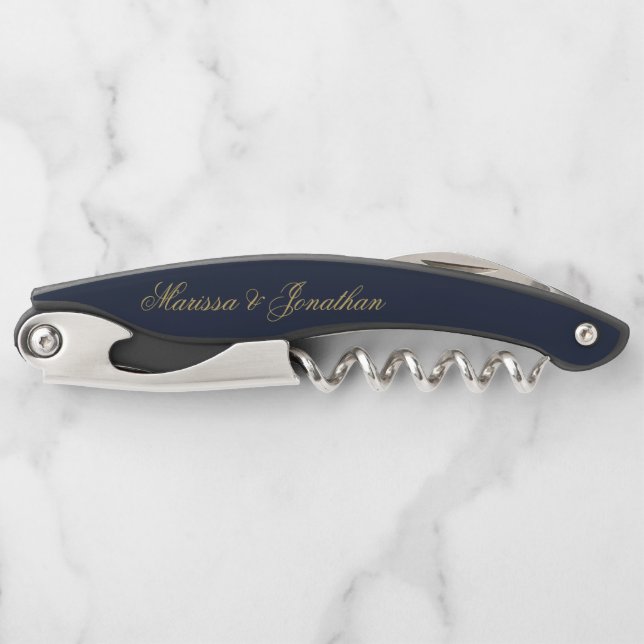 Elegant Navy Blue Gold Script Calligraphy Wedding Corkscrew (Front)