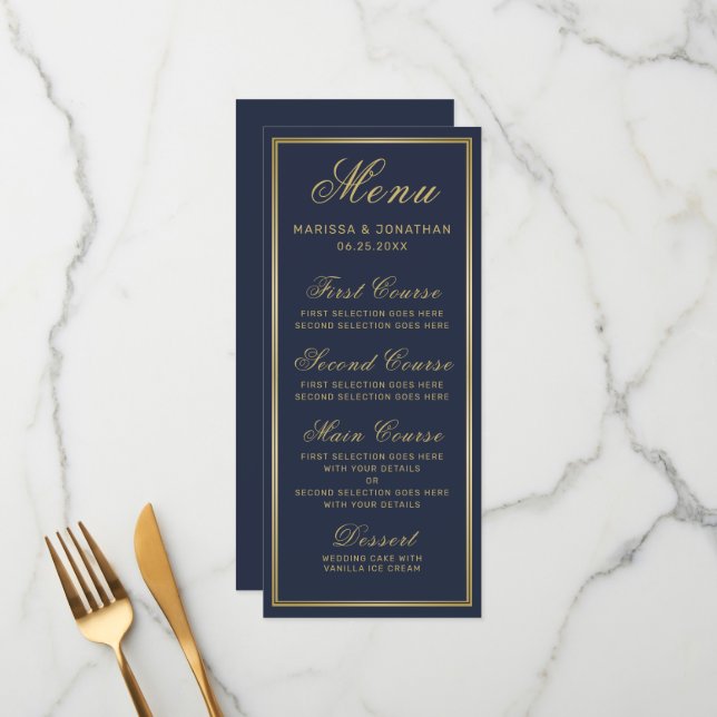 Elegant Navy Blue Gold Script Chic Wedding Menu (Front/Back In Situ)