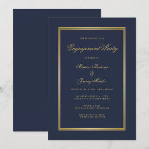 Elegant Navy Blue Gold Script Engagement Party Invitation
