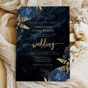 Elegant Navy Blue Gold Script Floral Wedding Invitation