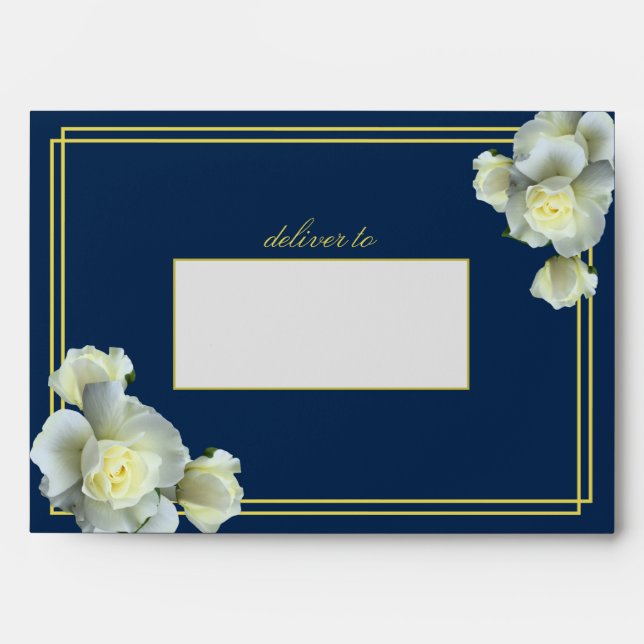 Elegant Navy Blue Gold Script Frame White Rose Envelope (Front)