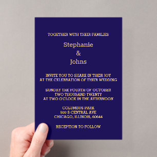 Elegant Navy Blue Gold Script Modern Cool Wedding Acrylic Invitations