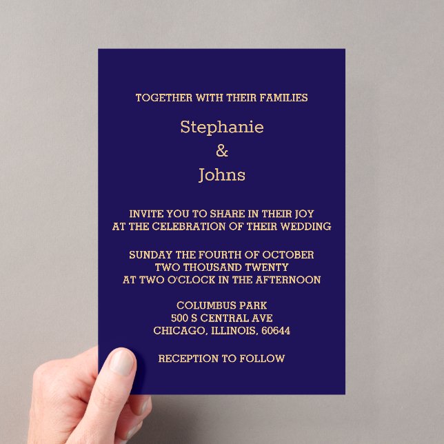 Elegant Navy Blue Gold Script Modern Cool Wedding Acrylic Invitations (Insitu (Handheld))
