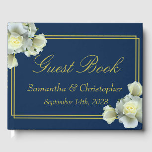 Elegant Navy Blue Gold Script White Roses Wedding Guest Book
