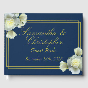 Elegant Navy Blue Gold Script White Roses Wedding Guest Book