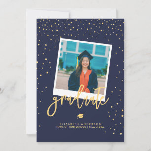Elegant Navy Blue & Gold Stars Graduation Photo Invitation