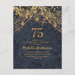 Elegant Navy Blue Gold String Lights 75th Invitation