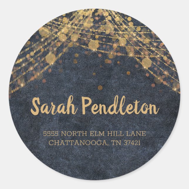 Elegant Navy Blue Gold String Lights Bokeh Address Classic Round Sticker (Front)