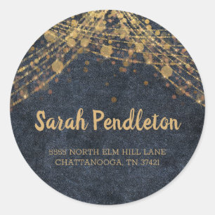 Elegant Navy Blue Gold String Lights Bokeh Address Classic Round Sticker