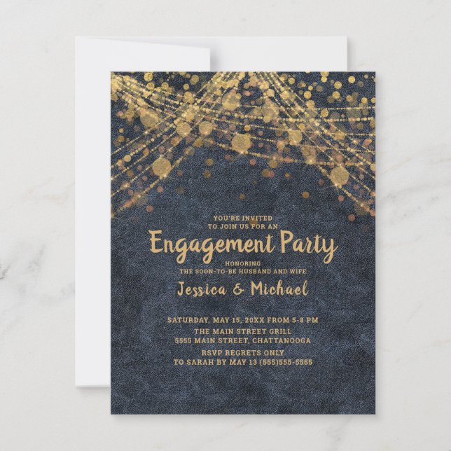 Elegant Navy Blue Gold String Lights Engagement Invitation (Front)