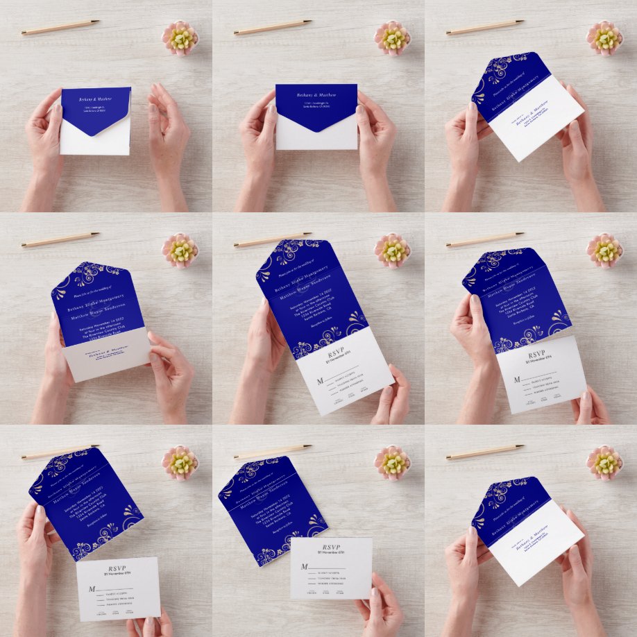 Elegant Navy Blue Gold Swirl Wedding  All In One Invitation