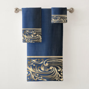 Elegant Navy Blue Gold Swirls Bath Towel Set
