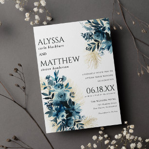 Elegant navy blue gold watercolor floral wedding  invitation