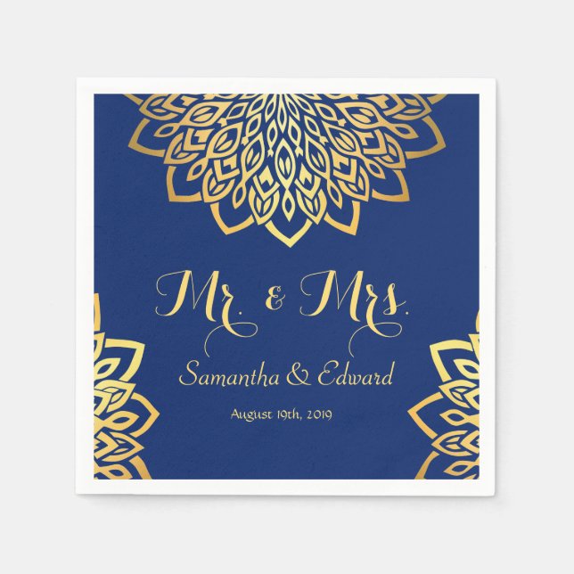 Elegant Navy Blue Gold Wedding Napkin (Front)