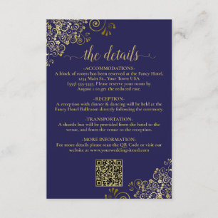 Elegant Navy Blue & Gold Wedding QR Code Details Enclosure Card