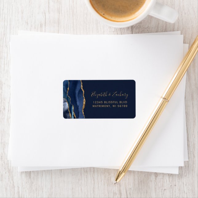 Elegant Navy Blue Gold Wedding RSVP Self-Address Label (Insitu)