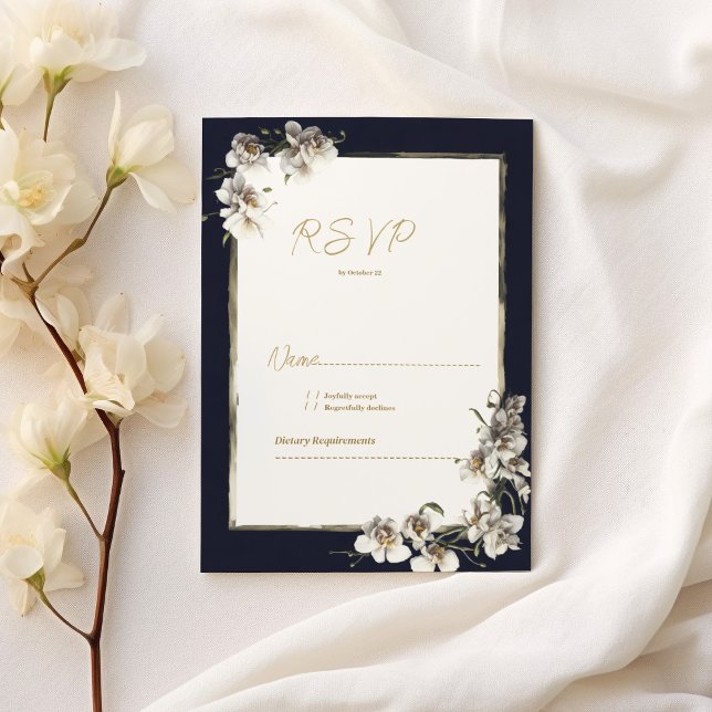 Elegant navy blue gold white orchid floral RSVP Invitation (Elegant navy blue gold white orchid floral RSVP)