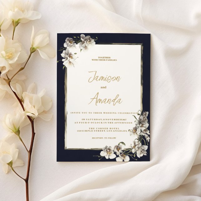 Elegant navy blue gold white orchid floral Wedding Invitation (Elegant navy blue gold white orchid floral Wedding )