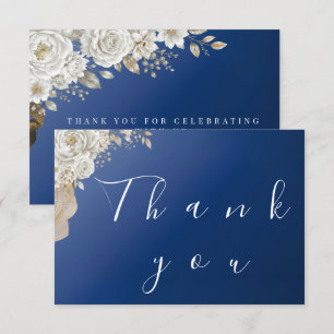 Elegant Navy Blue Gold White Rose Wedding Thank You Card