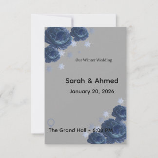 Elegant Navy Blue & Gold Winter Floral Wedding Inv RSVP Card