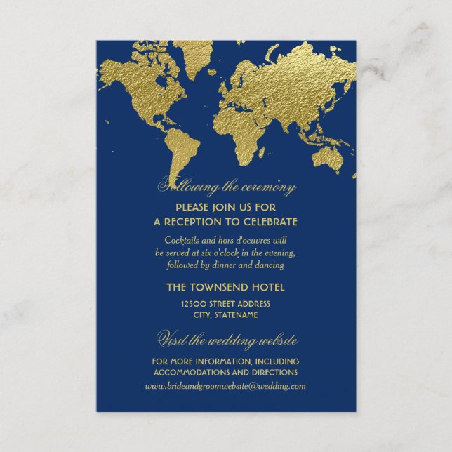Elegant Navy Blue Gold World Map Wedding Reception Enclosure Card (Front)