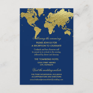 Elegant Navy Blue Gold World Map Wedding Reception Enclosure Card