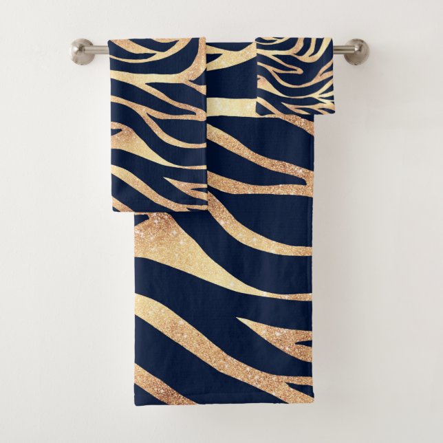 Elegant Navy Blue Gold Zebra Print Bath Towel Set (Insitu)
