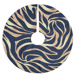 Elegant Navy Blue Gold Zebra Print Brushed Polyester Tree Skirt