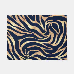 Elegant Navy Blue Gold Zebra Print Doormat
