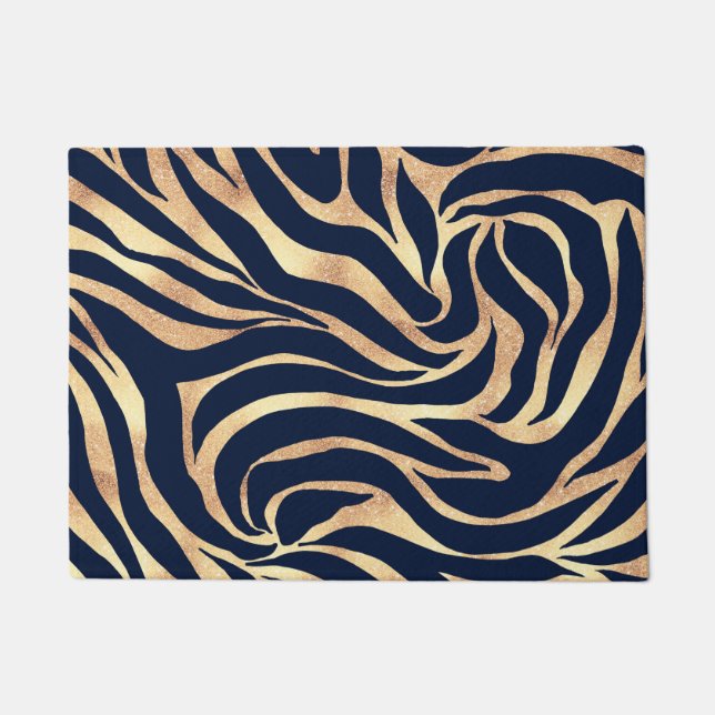 Elegant Navy Blue Gold Zebra Print Doormat (Front)
