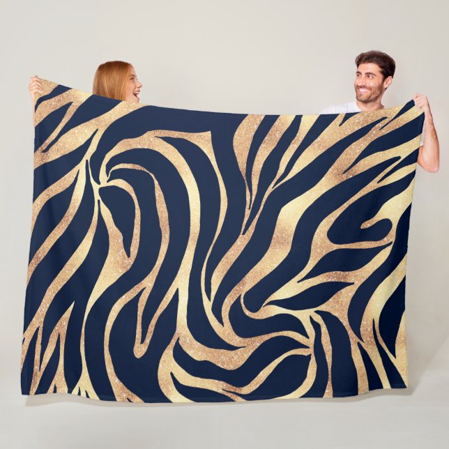 Elegant Navy Blue Gold Zebra Print Fleece Blanket (In Situ)
