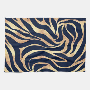 Elegant Navy Blue Gold Zebra Print Kitchen Towel